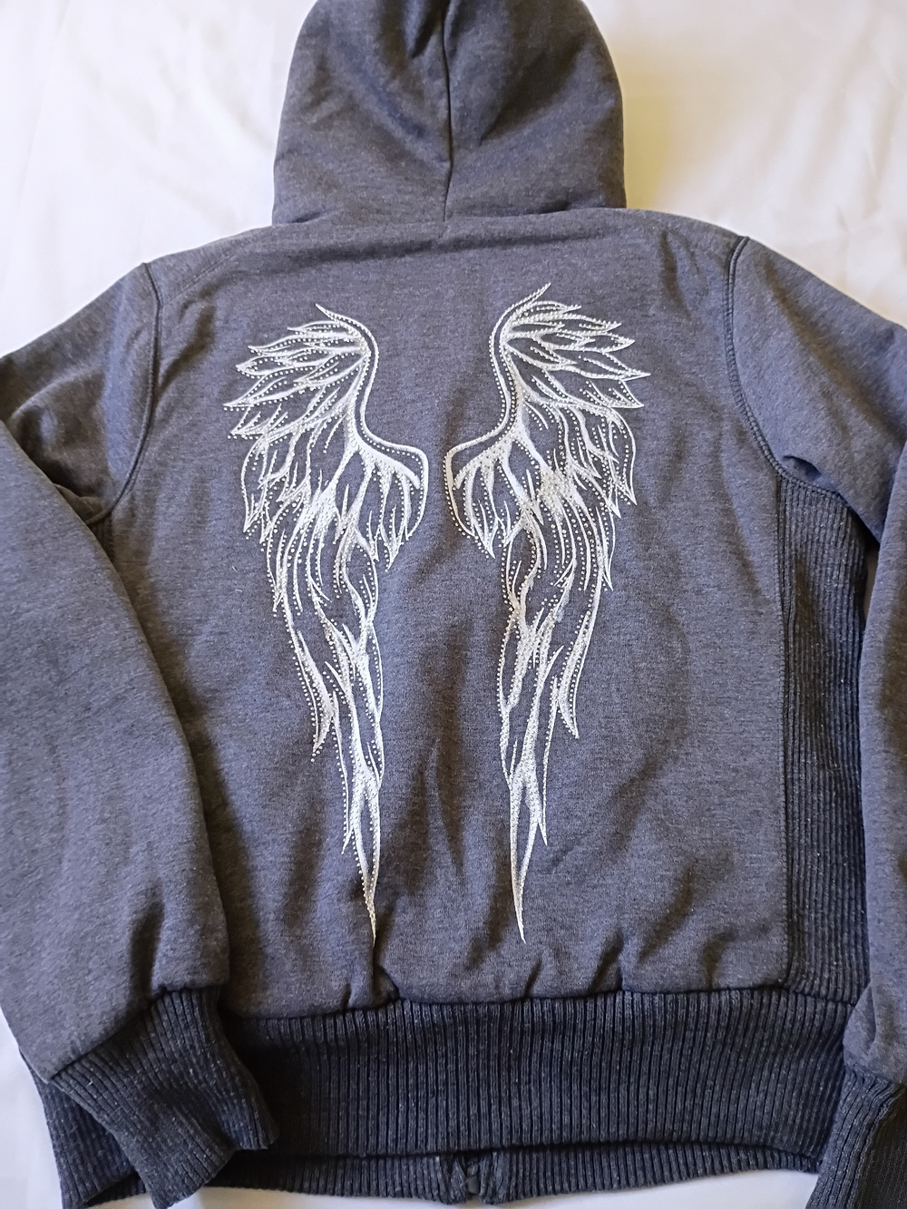 QQMY Dark Gray Hoodie With Zipper  White Angel Wing Back Design Size L
